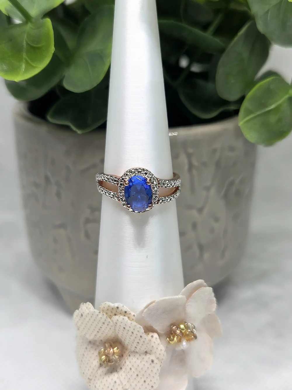 BP Blue Sapphire Halo Split-Shank Ring On Gold Plating